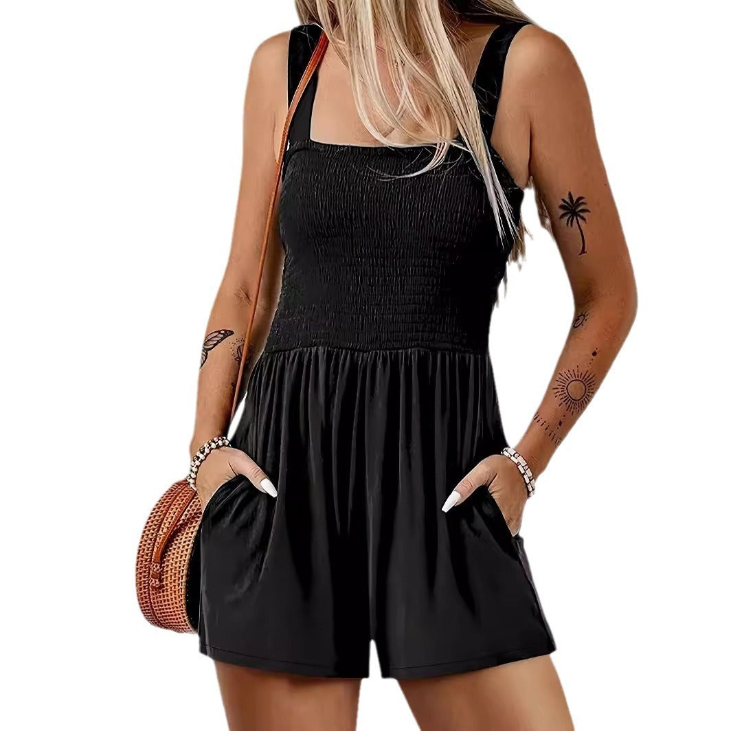 Summer Sleeveless Vest Jumpsuit for Women – Black • Elastic Waist • 5-Point Pants
